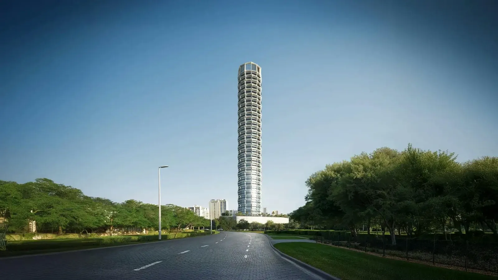 Binghatti Circle kulesi gündüz, yol tarafından
