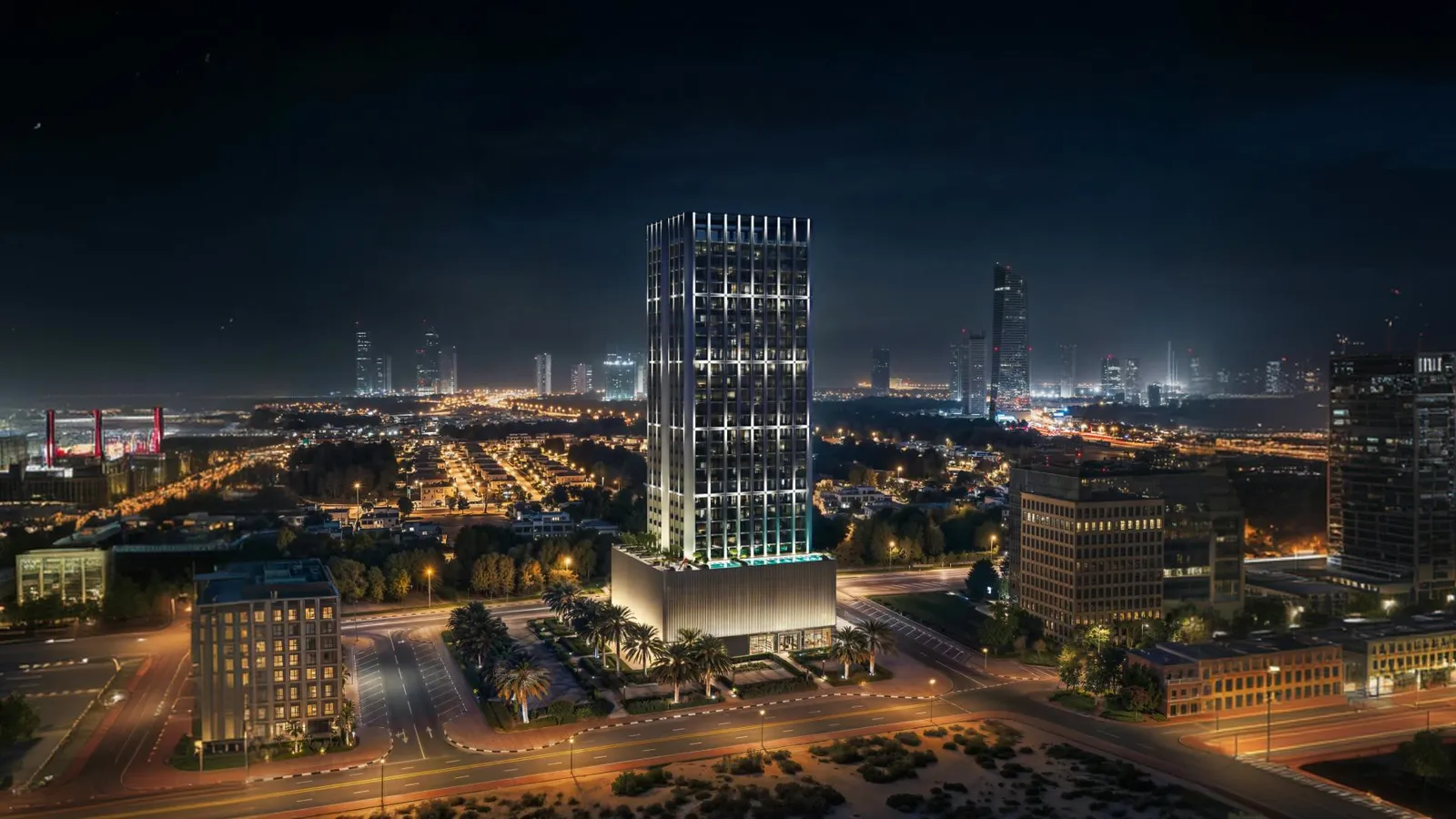 Binghatti Etherea kulesi gece, Jumeirah Village Circle