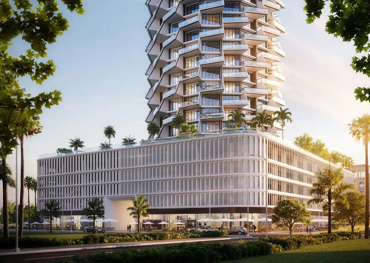 Binghatti Grove kulesi ve podyumu, gün ışığında