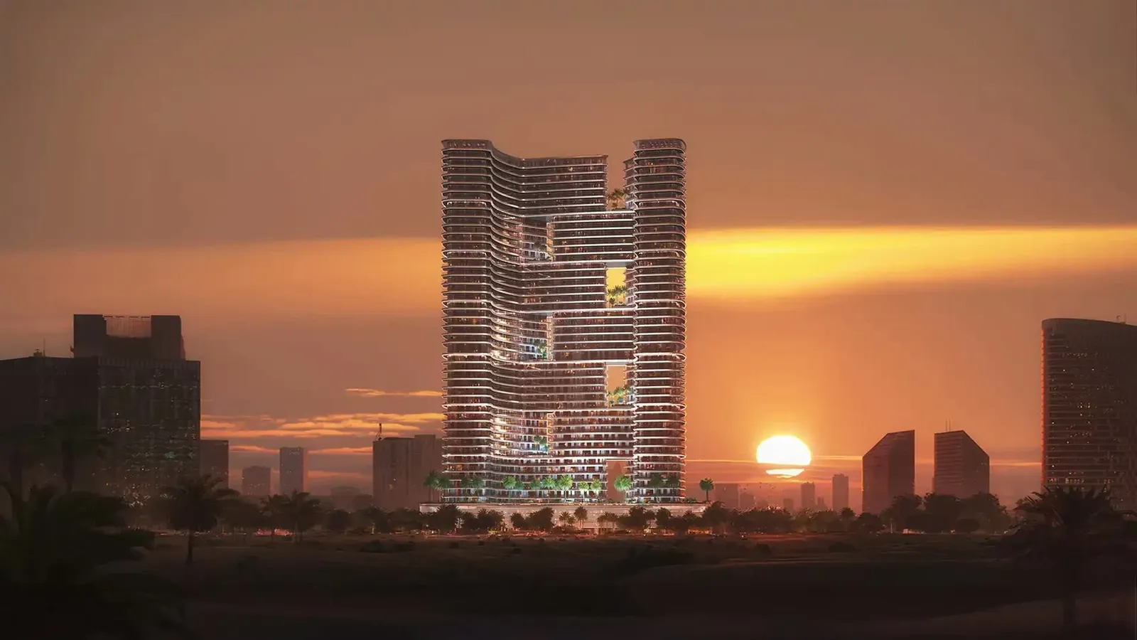 Binghatti Hills kulesi gün batımında, Dubai Science Park