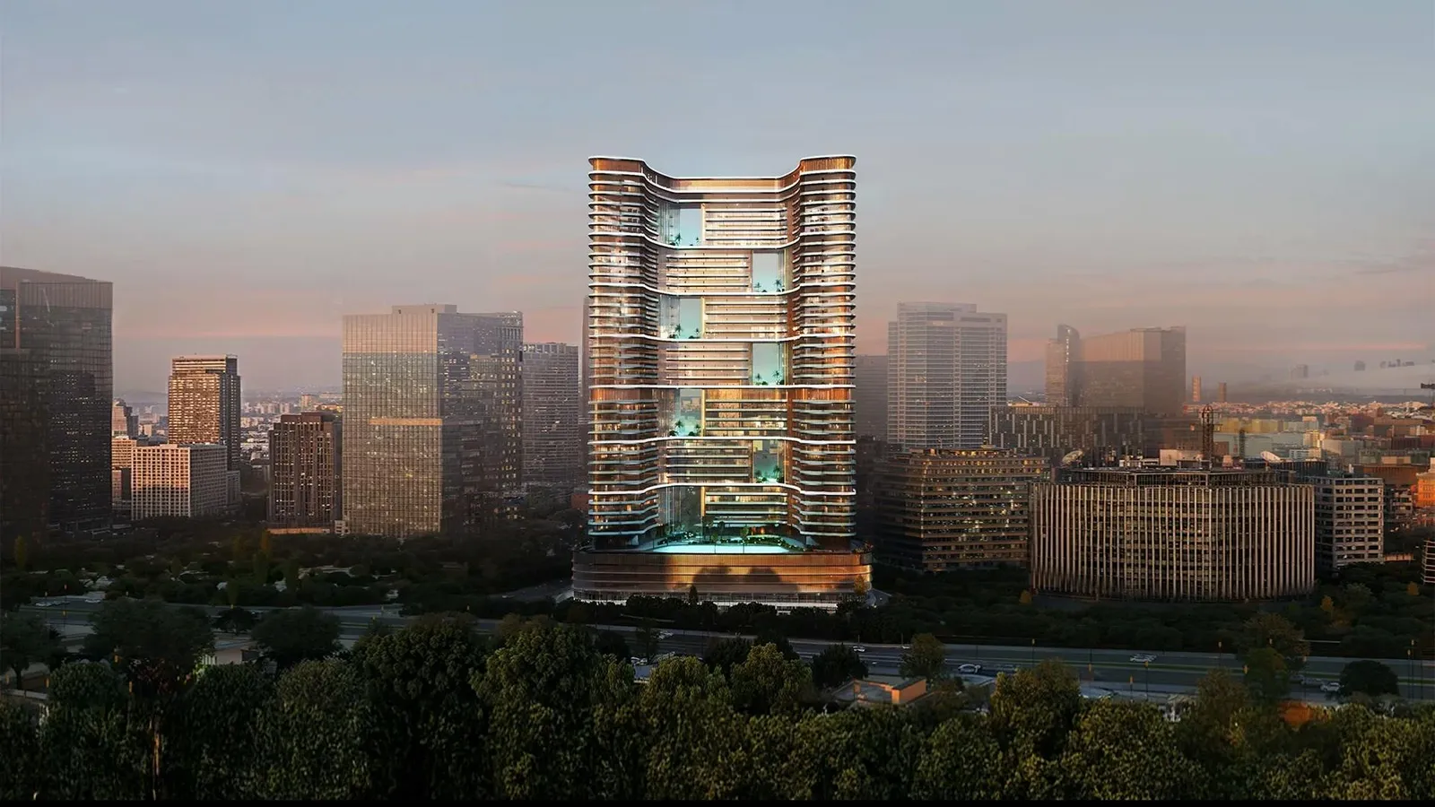 Binghatti Hillviews kulesi gün batımında, Dubai Science Park