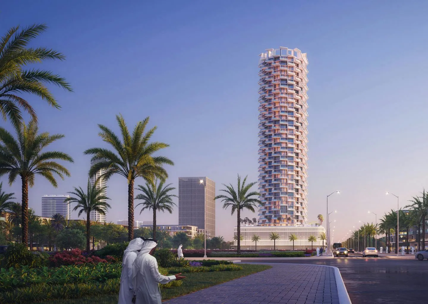 Binghatti Royale kulesi alacakaranlıkta, Jumeirah Village Circle