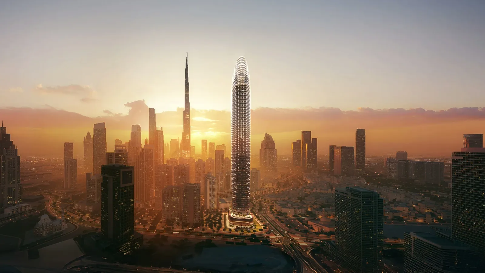 Binghatti Skyblade kulesi gün batımında, arkada Burj Khalifa