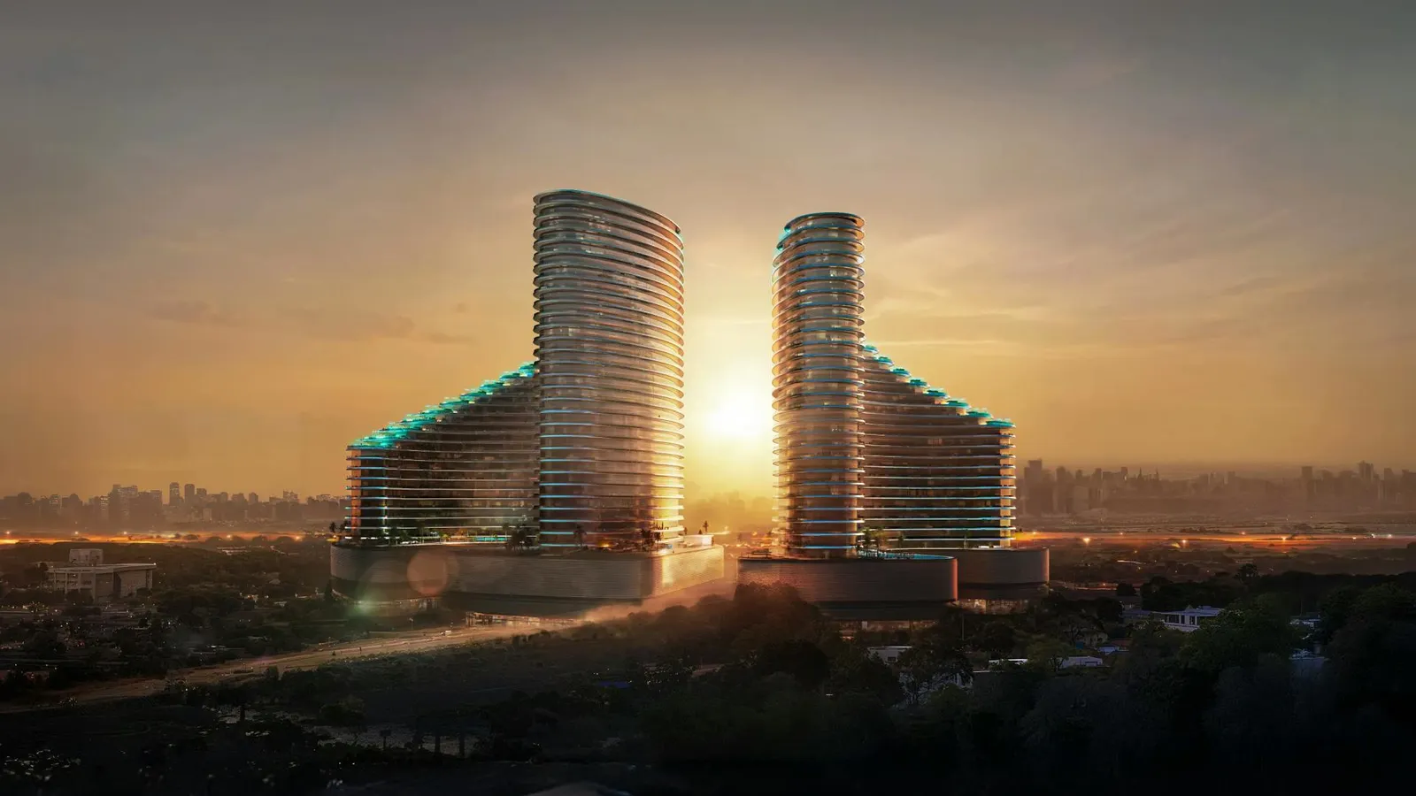 Binghatti Skyflame ikiz kuleleri gün batımında, Majan