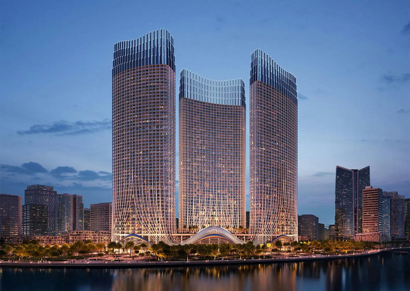 Binghatti Skyrise üç kulesi alacakaranlıkta, Business Bay