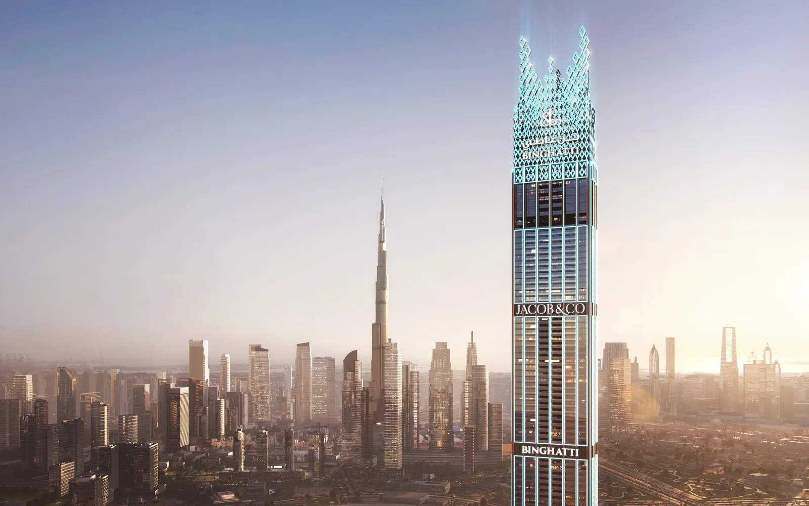 Burj Binghatti Jacob & Co Residences kulesi ve arkada Burj Khalifa