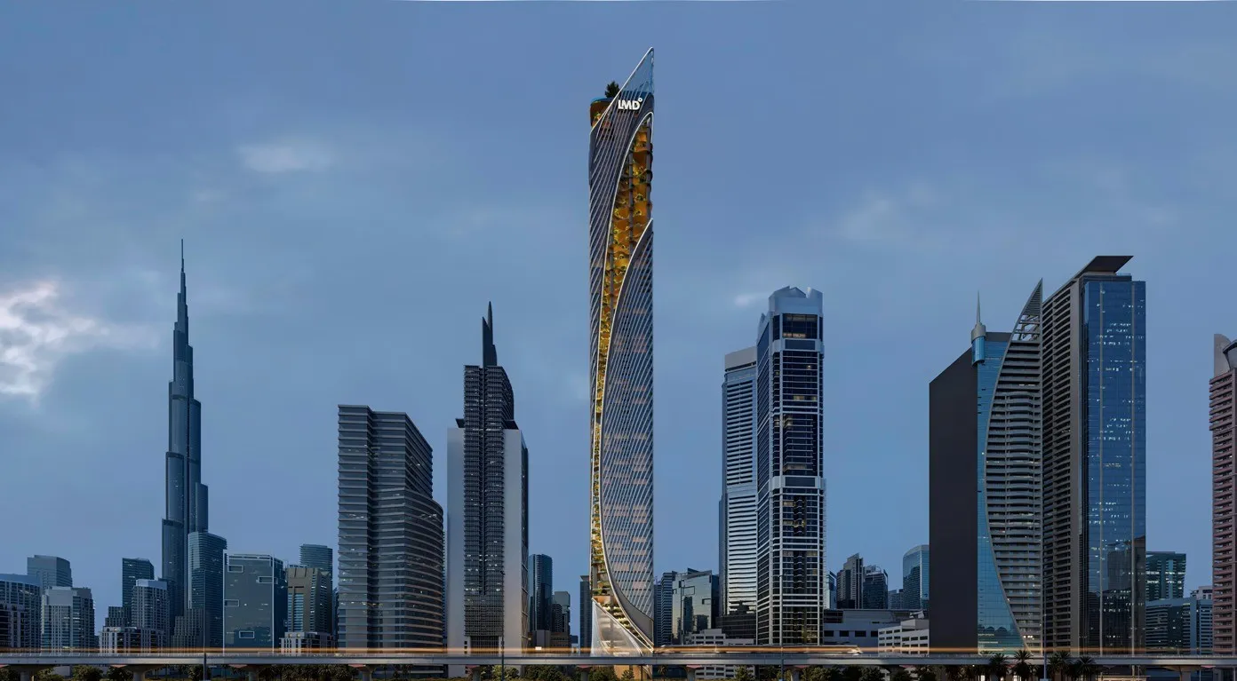 Christian A. Rockefeller Business Tower, Sheikh Zayed Road siluetinde Burj Khalifa ile