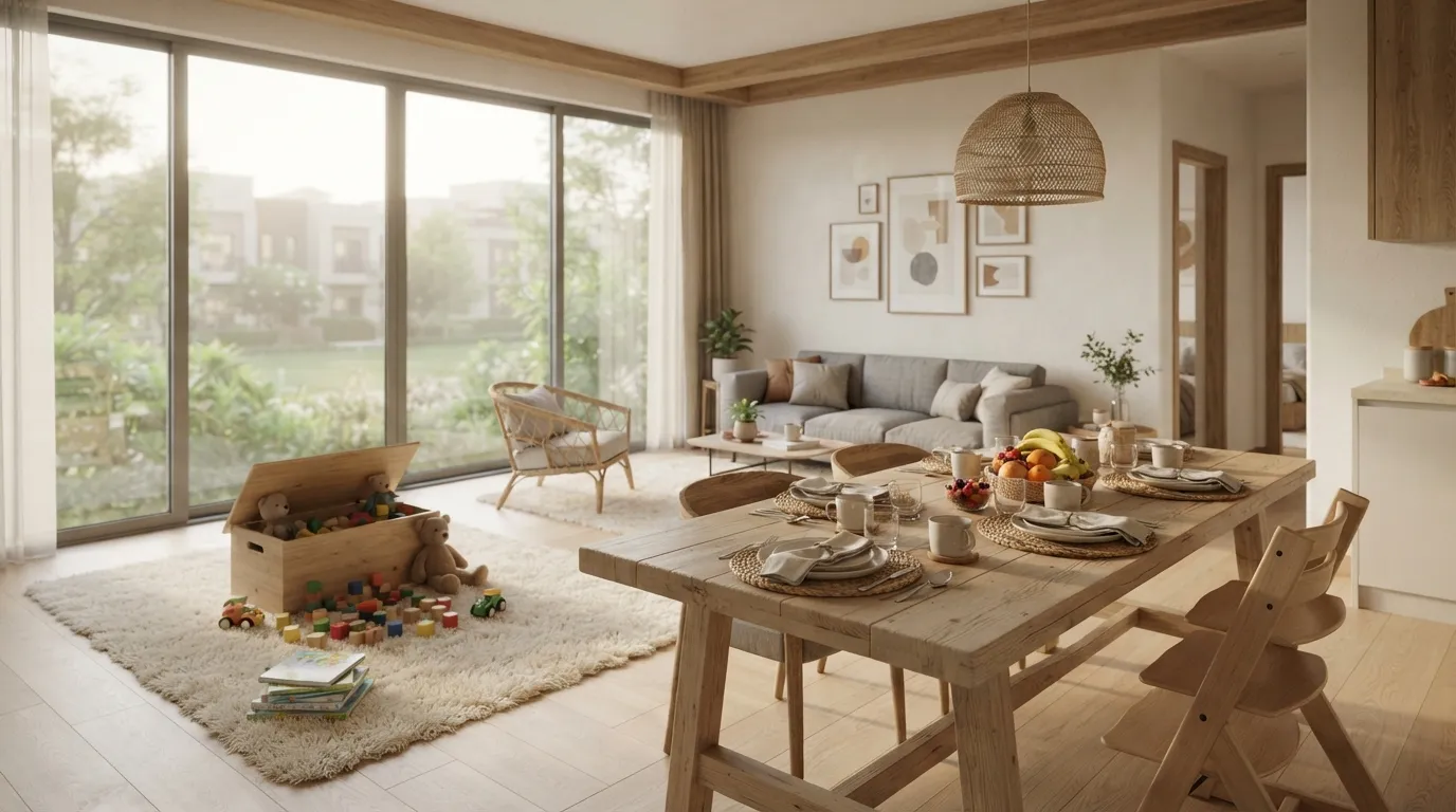 A spacious Dubai apartment with a dining table set for a family breakfast and a children's play corner