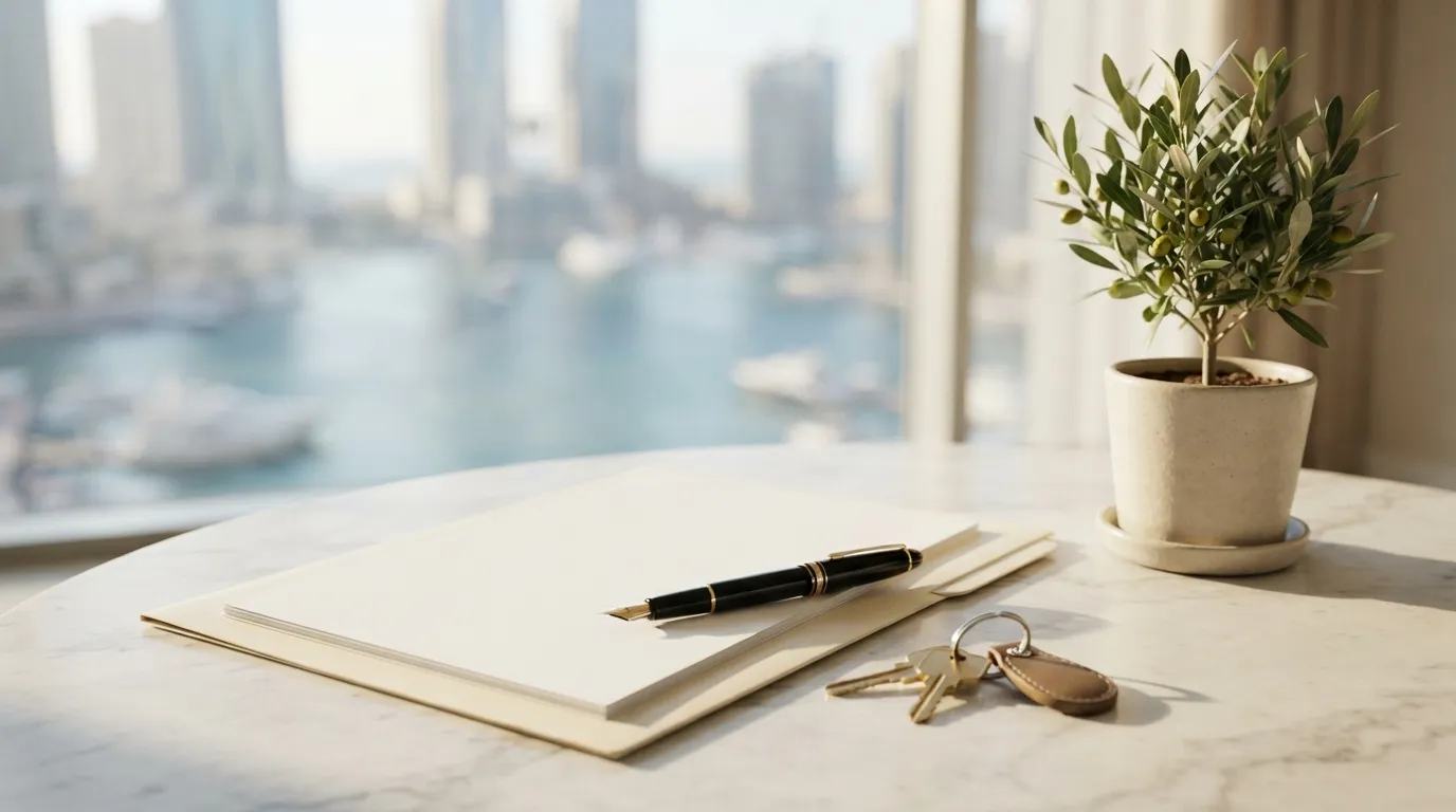 A title deed folder, fountain pen and house keys prepared for a Dubai golden visa application on a desk with a sea view