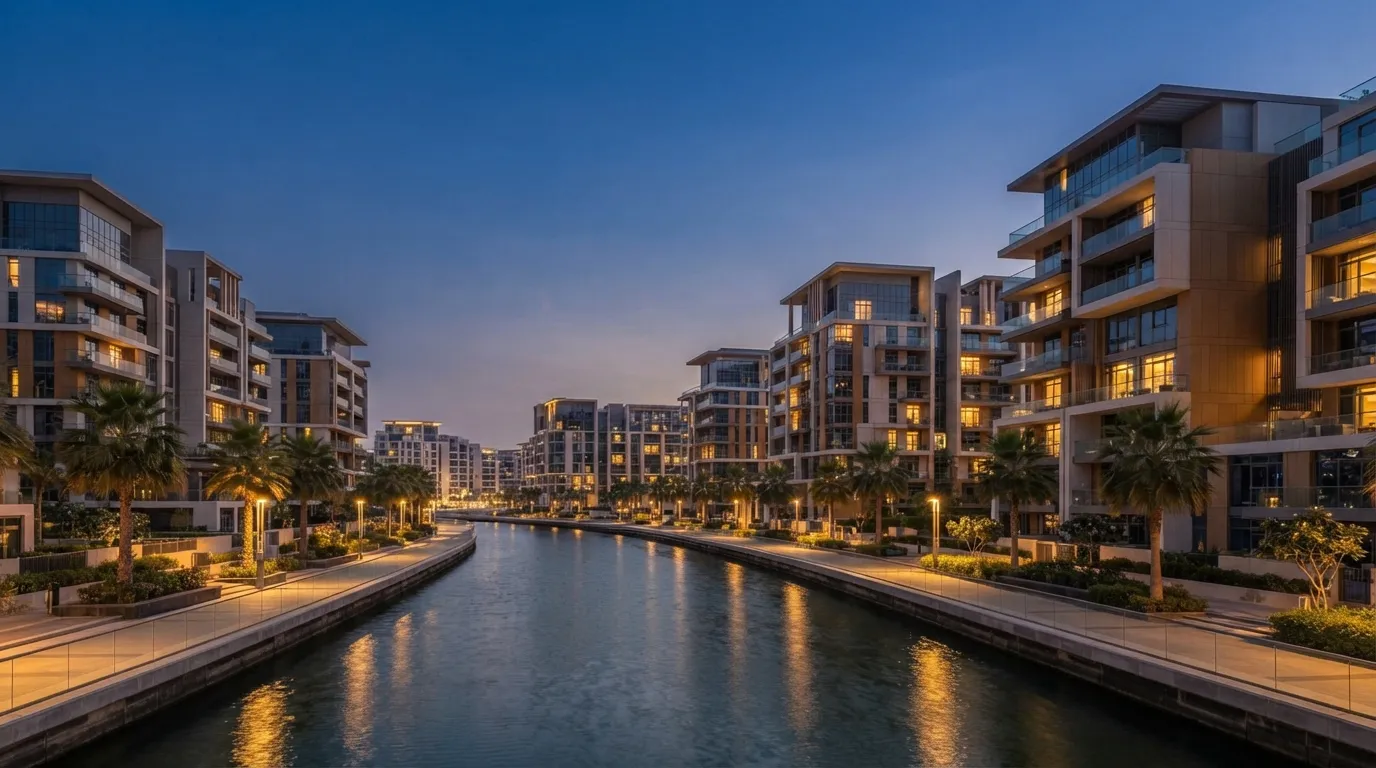 Modern residential buildings along a palm-lined canal promenade in Dubai at dusk