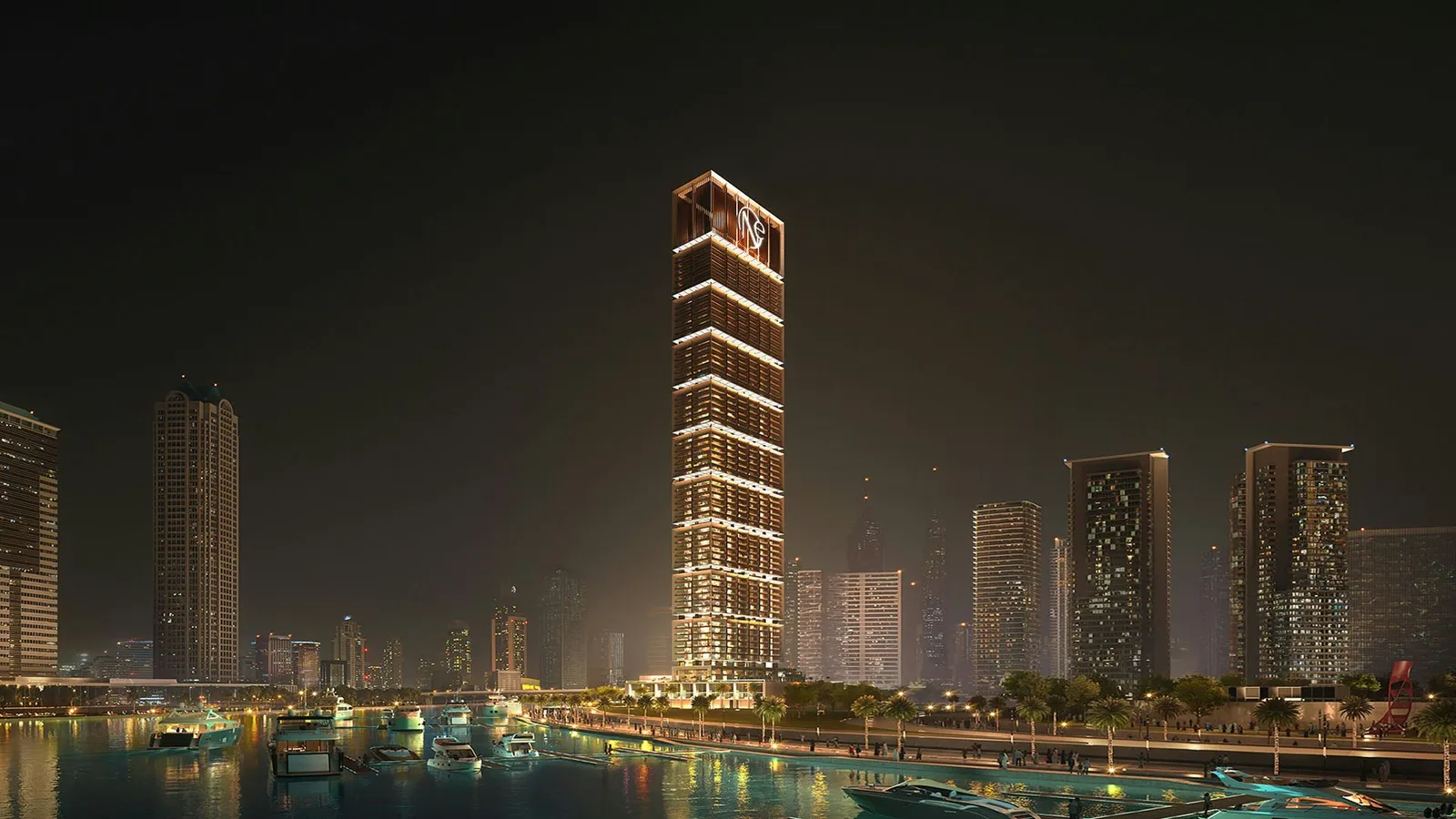 One by Binghatti kulesi gece, Dubai Water Canal kıyısında