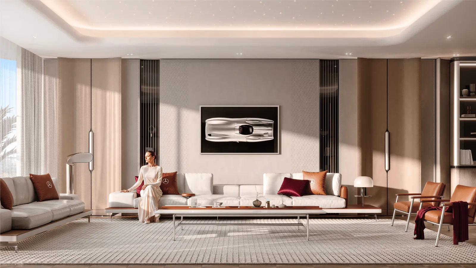 Vision Iconic dairesinde Mercedes-Benz temalı salon tasarımı